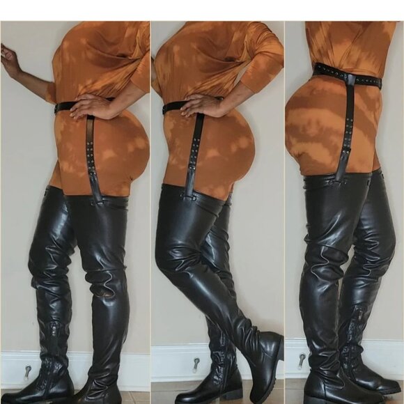 Thigh Belted Boots – Stretchy Flat Heel PU Material Plus Size Fashion Boots - Picture 4 of 6